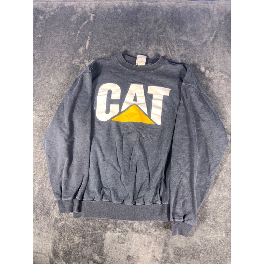 Vintage Caterpillar CAT Logo Pullover Sweatshirt Men L Navy Blue 90s Made in USA